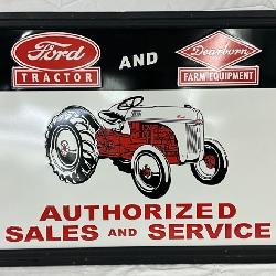 Emb. Ford Tractor and Dearborn Farm Equipment Sign in Wooden Frame, 38in x 26in