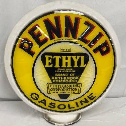 Milk Glass Pennzip Gas Pump Globe with Ethyl Logo, 16 inches
