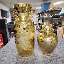 Vintage Japanese gold- glit Handled Vase and Matching Lidded Ginger Jar