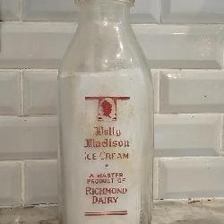 Richmond Dairy glass milk bottle with Dolly Madison Ice Cream branding