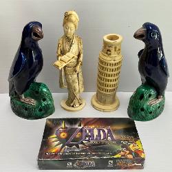 CHINESE COLBALT BLUE OWLS AND IVORY GEISHA 