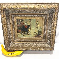 Lot # : 1 - Cat v Dog Oil Painting