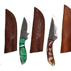 5 hand crafted damascus knives, sheaths w/belt loops www.SouthJerseyAuction.com