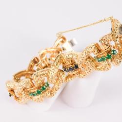 14k Yellow Gold Textured Link Bracelet with Sapphires & Emeralds