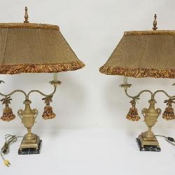 1008	FREDERICK COOPER URN W/DOUBLE ARM TABLE LAMPS W/DRAGONFLY TASSLES & MARBLE BASE, EACH  APPROXIMATELY 30 IN HIGH