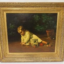 1025	FRAMED OIL PAINTING ON CANVAS OF CHILD PLAYING W/BLOCKS, APPROXIMATELY 33 IN X 29 IN