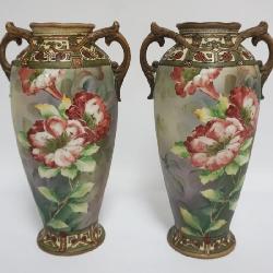 1049	PAIR OF NIPPON MORIAGE HAND PAINTED FLORAL DOUBLE HANDLED VASES, EACH APPROXIMATELY 12 IN HIGH