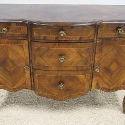 1180	DIMINUTIVE CONTINENTAL SIDEBOARD W/DIAMOND BOOK MATCHED INLAY, ROSE PETAL PULLS & BRONZE MOUNTS ON FEET, 5 DRAWERS & 2 DOORS, APPROXIMATELY 47 IN X 18 IN X 32 IN HIGH