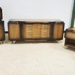 1217	MID CENTURY MODERN 4 PIECE BEDROOM SET WITH HIGH/LOW CHEST WITH 2 BEDSIDE STANDS, HIGH CHEST APPROXIMATELY 44 IN X 21 IN X 32 IN H, LOW CHEST 72 IN X 21 IN X 32 IN H, STANDS 24 IN X 16 IN X 27 IN