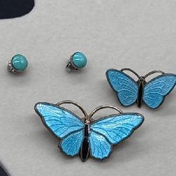 Sterling Silver Blue Enamel Butterfly Brooch & Earrings Set