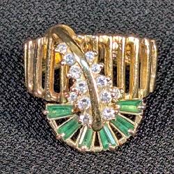 14K Gold Natural Emerald And Diamond Spinner Ring, Circa 1970's, Sz 6 