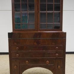 1141	ANTIQUE MAHOGANY FEDERAL PERIOD 2 PART SECRETARY DESK, HAVING A DOUBLE DOOR BOOKCASE TOP WITH INDIVIDUAL GLASS PANE ON A LOWER 5 DRAWER BASE, APPROXIMATELY OVERALL 38 IN X 20 IN X 70  IN H, SOME 