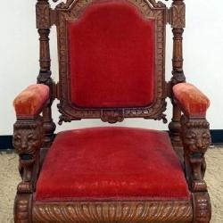 1148	OUTSTANDING MASSIVE OAK CARVED GOTHIC MEDIEVAL THRONE CHAIR WITH CARVED WING GRIFFITHS, LIONS HEADS, SHEILD WITH KNIGHTS HEAD AT CREST ON PAW AND CLAW FEET, APPROXIMATELY 26 IN X 26 IN X 48 IN H