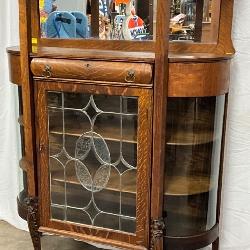 OAK SERVER W/ LEADED GLASS,BEV. MIRROR 