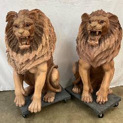 UNUSUAL MATCHING 4FT. CARVED WOODEN LIONS 