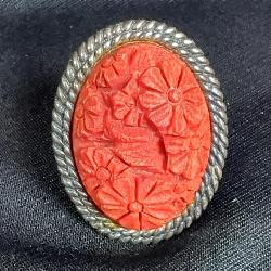 Amy Kahn Russell Sterling Silver And Floral Carved Red Coral Ring, Marked 925 AKR CHINA, Sz 6.5 