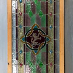 Antique Gothic-Style Stained Glass Panel With Rampant Lion, In Wood Frame, Approx 63