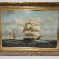 1064	OIL ON CANVAS IMAGE OF SAILING SHIPS AT SEA, ARTIST SIGNED LOWER RIGHT E PONTHIER, APPROXIMATELY 45 IN X 33 IN OVERALL