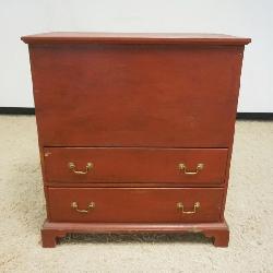 1161	ANTIQUE LIFT TOP 2 DRAWER MULE CHEST ON BRACKET FEET W/COTTER PIN HINGES, LOSS TO BOTTOM LEGS, APPROXIMATELY 19 IN X 39 IN X 42 IN HIGH
