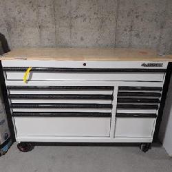Standard-Duty 52 in. W 10-Drawer Matte White w/ Carbon Fiber Trim Mobile Workbench Cabinet and Solid Wood Top