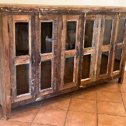 Rustic Farmhouse Wooden Cabinet With Glass Doors.