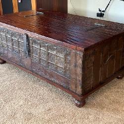 Distressed Trunk With Metal Straps And Hardware. Ideal For Using As A Coffee Table.