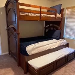 Wooden Trundle Bunk Bed Set With Ladder And Bedding...