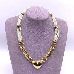 18k Gold Multi-Strand Pearl Necklace With Ruby, Emerald, And Sapphire Seed Bead Accents. Necklace Measures 18 Inches In Length And Features A Heart Pendant.