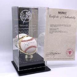 Joe Dimaggio Autographed Baseball With Coa. Ball Includes A Display Case - 26 World Series Championships With The Years Listed.