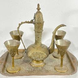 Intricately Etched, Mini Brass Ewer Set With 4 Goblets And Serving Tray.