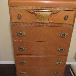 HOLLYWOOD REGENCY Blond wood 1 over 4 drawer 1940s era chest 57x32x18. Borderless mirror included 29