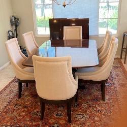 Exceptional Vintage Double Pedestal Dining Table With A Set Of Six Contemporary Upholstered Chairs. Includes Additional Extensions, Each Adding 20 Inches To The Length.