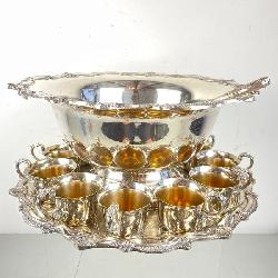 Fabulous Vintage Silver-Plate Punchbowl, Double Sided Ladel, And 10 Curve Handled Cups. 
