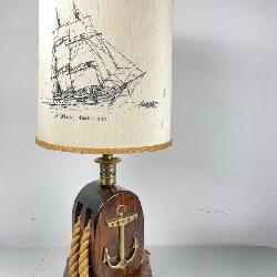 hip Themed Lamp On Vintage Style Wooden Base With Cool Rope And Anchor Accents And A Printed Cream Shade.