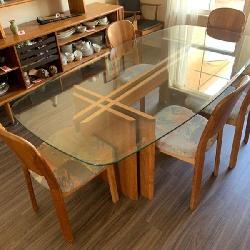 Gustav Gaarde Danish Modern Dining Table With Interlocking Teak Base, Beveled Glass Top And Six Chairs (One Needs To Be Repaired). See Lot 10466 For A Matching, Smaller Dining Table And Lots 10499