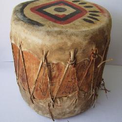 Lot 2  Late 19th C. handmade Native American Indian Drum w/Elk hide covering, painted decorations
