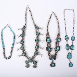 Group of Four Navajo and Other Silver and Turquoise Necklaces