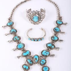 Native American Silver and Turquoise Squash Blossom Necklace with Two Cuffs