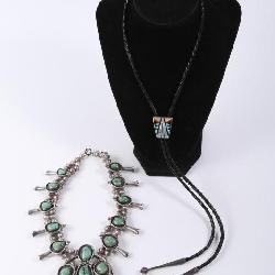 Turquoise Mounted Silver Squash Blossom Necklace and a Bolo Tie