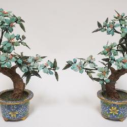 1003	PAIR OF JADE TREES IN CLOISONNE, APPROXIMATELY 12 IN HIGH