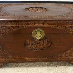 1073	ORNATE CARVED ASIAN CAMPHOR WOOD CHEST, DOVETAILED, APPROXIMATELY 41 IN X 21 IN X 24 IN HIGH