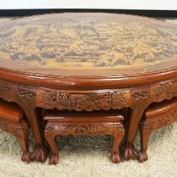 1075	OUTSTANDING DEEP CARVED OVAL ASIAN GLASS TOP TABLE W/6 BENCHES, ALL HAVING CARVED PAW FEET, APP