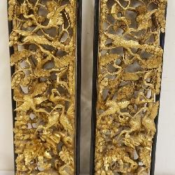 1182	PAIR OF ASIAN GILT WOOD 3 DIMENSIONAL CARVINGS, EACH APPROXIMATELY 8 IN X 26 IN HIGH