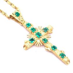 8k Gold 20 Inch Chain With 18k Gold Cross Adorned With 9 Colombian Emeralds.