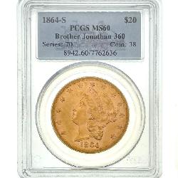 SS Brother Jonathan 360 Shipwreck $20 Gold Liberty Head Double Eagle Coin PCGS MS60