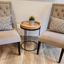 J - PAIR OF OCCASIONAL CHAIRS, SIDE TABLE, PILLOWS