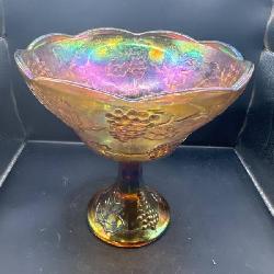 Large Indiana Glass Co. Amber Carnival Glass Harvest Grape Pedestal Fruit Bowl