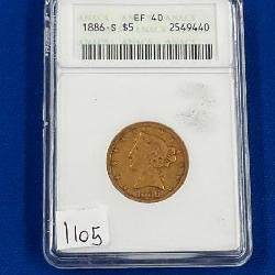 LOT 1105 1886D EF40 GOLD $5 COIN 