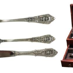 Gorgeous sterling Rose Point pattern 79 piece Wallace sterling flatware set. Service for 8+ plus - catalog lot #405 - online only auction starts 12pm 04/28/24 bid/view www.SouthJerseyAuction.com