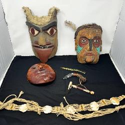 Handmade Wood Carved Native Masks, Tools & Belt